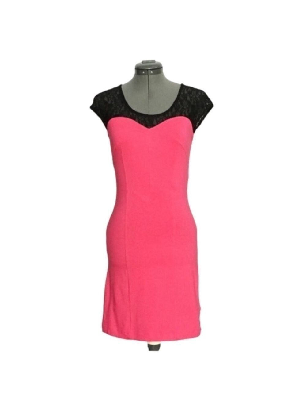 CITY STREETS Vibrant Hot Barbie Pink w/ Black Lace Body Con Dress Size S. NWT!